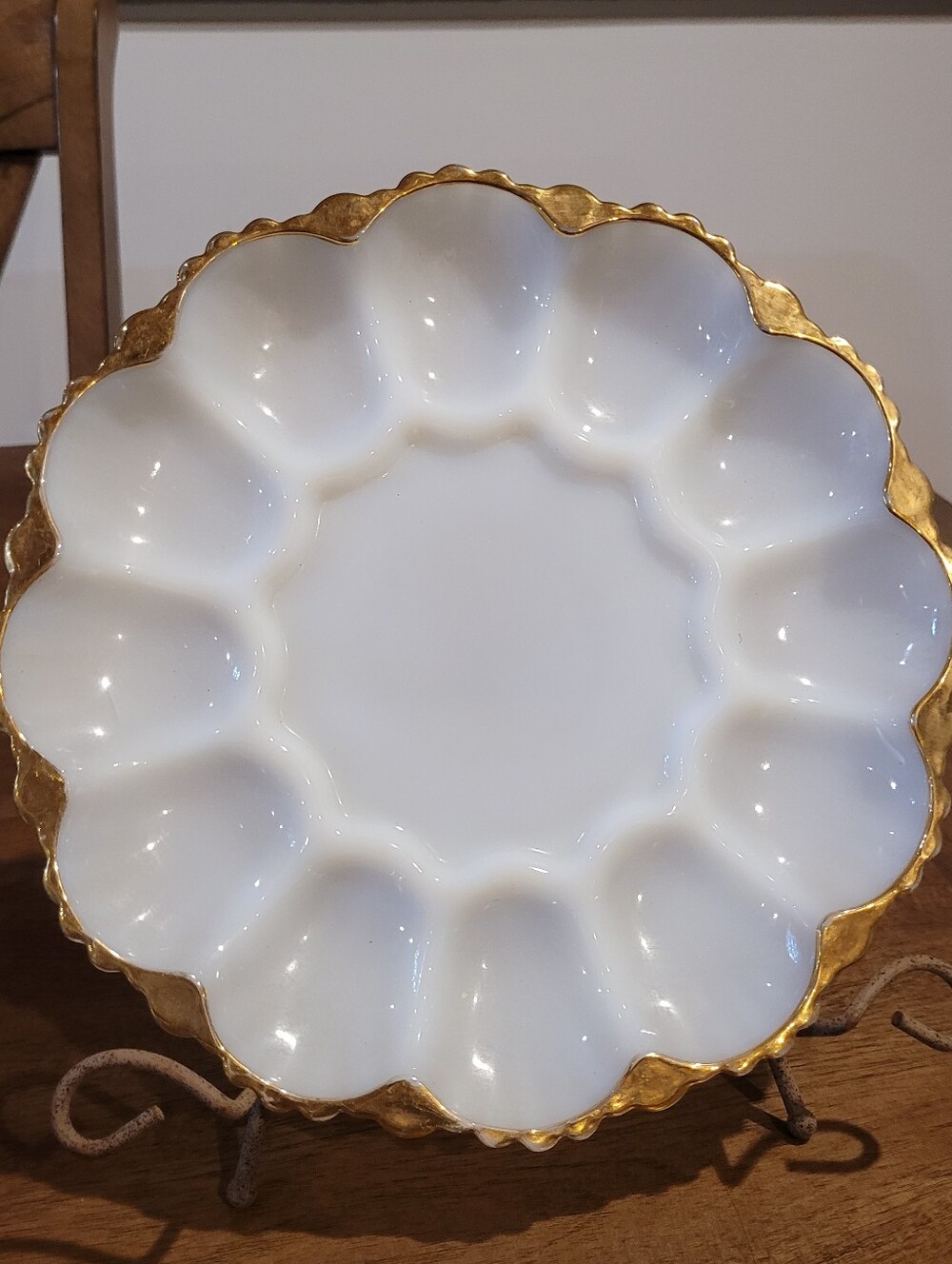 Vintage Anchor Hocking Fire King Egg Platter White Milk Glass Gold Trimmed Edge